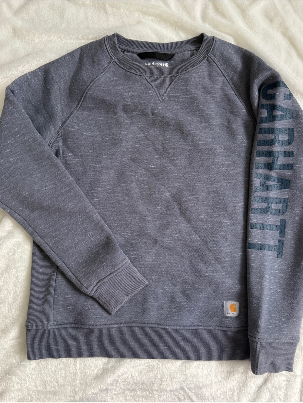 Carhartt Women's Crewneck Sweatshirt in Heather Slate with Sleeve Logo